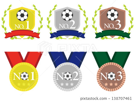 一套方便實用的第一名到第三名徽章和獎牌,帶有足球圖示。 一套方便實用的第一名到第三名徽章和獎牌,帶有足球圖示。 138707461