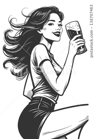 Woman Enjoying Cold Beer Drink engraving vector 138707463