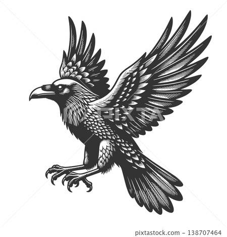Flying Raven engraving sketch vector illustration 138707464