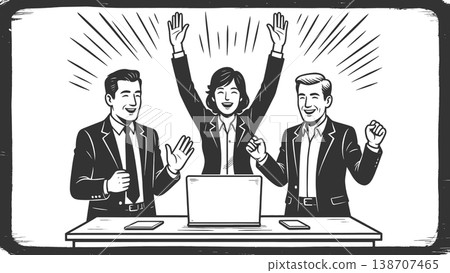 Business Team Celebrating Success Around Laptop 138707465