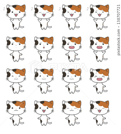 A set of 16 standing illustrations of a calico cat, each with different expressions representing joy, anger, sadness, and other emotions. A set of 16 standing illustrations of a calico cat, each with different expressions representing joy, anger, sadness, and other emotions. 138707721
