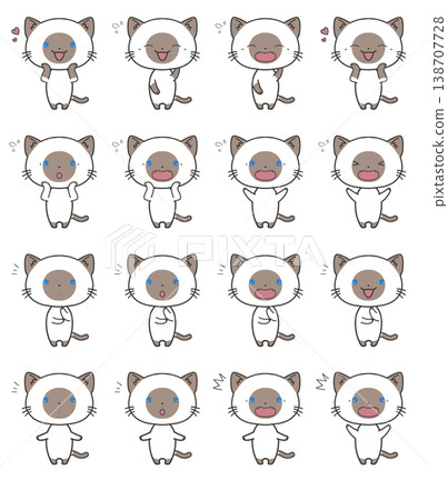 一套 16 幅暹羅貓站立的插圖，表情各異：尷尬、慌亂、滿足、驚訝。 138707728