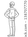 一幅線條畫，描繪了一名身穿工作服、雙手叉腰的男子，視角為背對著他。 138707770