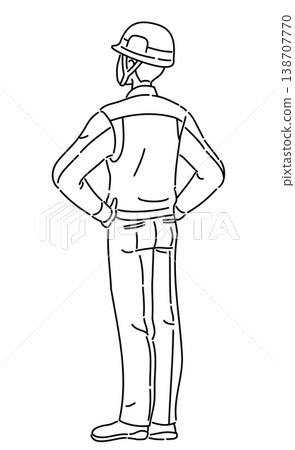 一幅線條畫,描繪了一名身穿工作服、雙手叉腰的男子,視角為背對著他。 一幅線條畫,描繪了一名身穿工作服、雙手叉腰的男子,視角為背對著他。 138707770