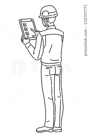一幅線條畫，描繪了一位身穿工作服的男子正在查看寫字板，視角為背對著他。 138707771