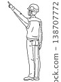 一幅線條畫，描繪了一名身穿工作服的男子從背後向上指著物體的情景。 138707772