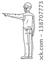 一幅線條畫，描繪了一名身穿工作服的男子從背後指向側面。 138707773