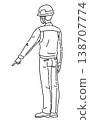 一幅線條畫，描繪了一名身穿工作服的男子從背後向下指著身體的畫面。 138707774