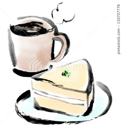 水墨畫插圖、墨繪、咖啡和起司蛋糕套裝 138707776