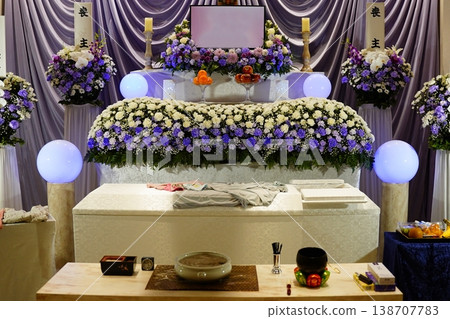 A flower altar in a quiet funeral hall A flower altar in a quiet funeral hall 138707783