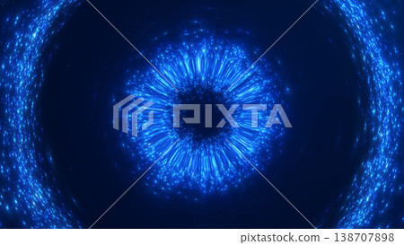 Blue light explosion with radial particles and glowing energy burst on dark background. Futuristic abstract flash with dynamic depth and cosmic digital atmosphere. 138707898