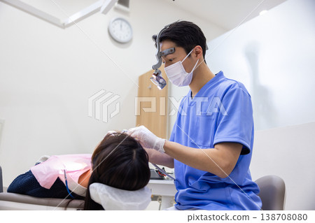 A male dentist performing treatment while wearing dental loupes. 138708080