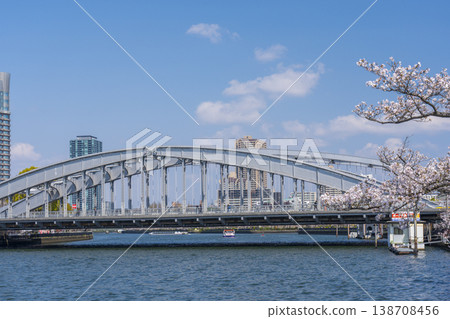 The Ginbashi Bridge (Sakuramiya Bridge) and cherry blossoms over the Okawa River in Osaka City The Ginbashi Bridge (Sakuramiya Bridge) and cherry blossoms over the Okawa River in Osaka City 138708456