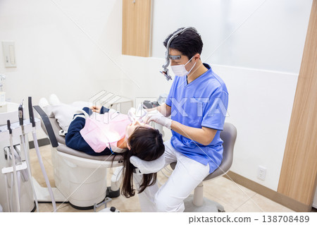 A male dentist performing treatment while wearing dental loupes. 138708489