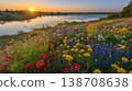 Vibrant wildflowers bloom by serene river at sunset in a picturesque landscape 138708638