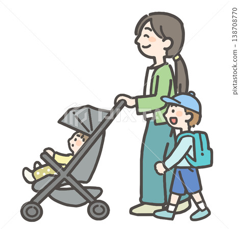 A mother and child pushing a stroller with a baby in it. 138708770