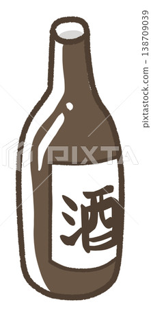 A brown bottle with the word "sake" on it. A brown bottle with the word "sake" on it. 138709039