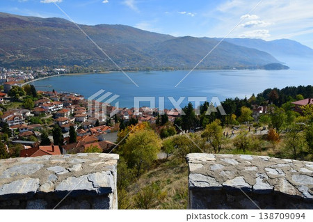 View from Samuel Fortress in Ohrid, North Macedonia, showing the city of Ohrid and Lake Ohrid. 138709094