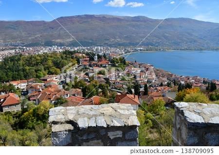 View from Samuel Fortress in Ohrid, North Macedonia, showing the city of Ohrid and Lake Ohrid. 138709095