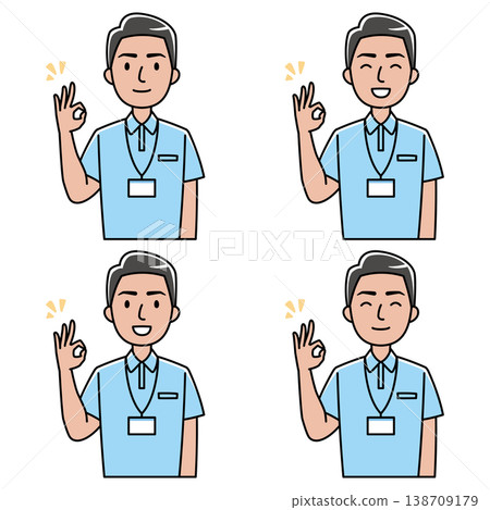 插圖描繪了一位身穿polo衫的年輕外國男子麵帶微笑地比出OK手勢。 138709179