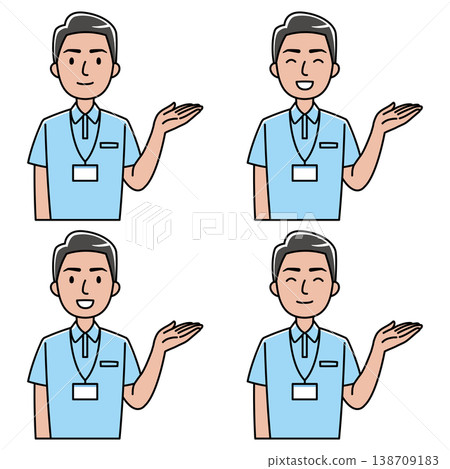 一位面帶微笑的外國男子（身穿polo衫）正用左手指路。 138709183