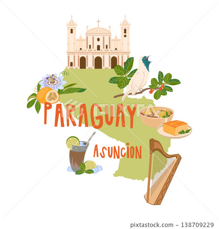 Map of Paraguay and vector national symbols. Singing araponga, terere, Paraguayan soup, and orange granadilla. Guarani harp and Asuncion Cathedral. Landmarks of the republic. Tourism and culture. 138709229