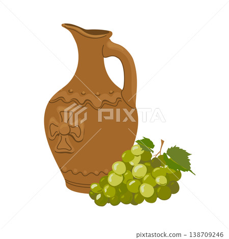 A brown clay jug with a handle and a narrow neck, standing on a white background. A terracotta wine vessel and green grapes. Ceramic tableware with an ethnic pattern. Vector illustration. 138709246