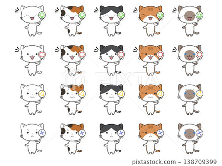 A set of 20 standing illustrations of cats holding double circle, circle, triangle, and cross tags. A set of 20 standing illustrations of cats holding double circle, circle, triangle, and cross tags. 138709399