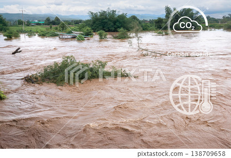 Muddy River Overflowing After Heavy Rainfall with Deadwood and Erosion Riverbank in Southeast asian. 138709658