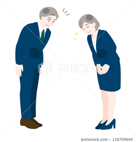 男女辦公室員工面帶微笑，禮貌地鞠躬。 138709694