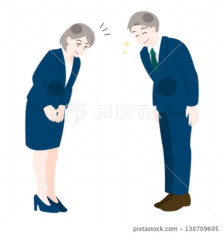 工作場所的男女員工互相微笑鞠躬。 工作場所的男女員工互相微笑鞠躬。 138709695