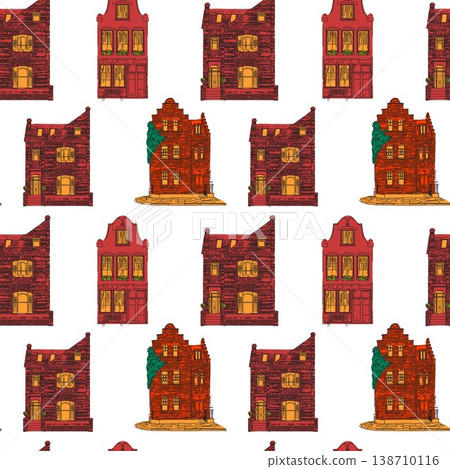 Old Town Buildings Repeating Pattern Hand Drawn Houses 138710116