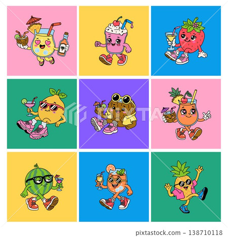 Cute Summer Fruits and Drinks Cartoon Character Set Cute Summer Fruits and Drinks Cartoon Character Set 138710118