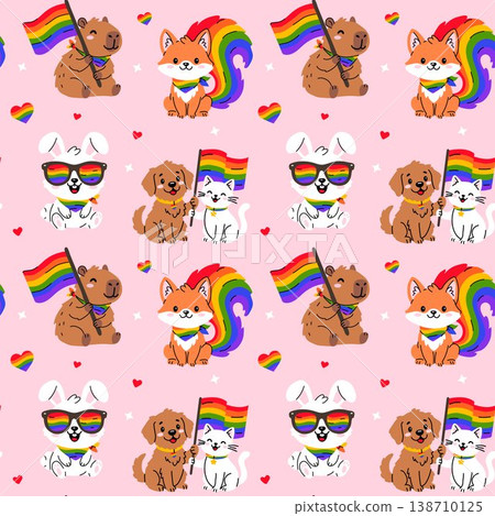 Seamless Pattern with Cute Pride Animals and Rainbow Flags Seamless Pattern with Cute Pride Animals and Rainbow Flags 138710125