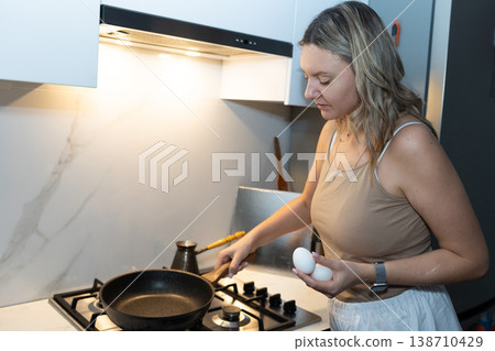 Woman holding egg over frying pan on stove. Preparing sunny side up for morning breakfast. Home cooking in modern kitchen and healthy eating start to the day. Woman holding egg over frying pan on stove. Preparing sunny side up for morning breakfast. Home cooking in modern kitchen and healthy eating start to the day. 138710429
