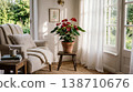 Anthurium by the window and morning light; terracotta potted interior greenery. 138710676