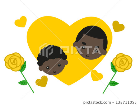 Father's Day, Birthday: An African-American father and son smiling amidst a yellow heart. 138711053