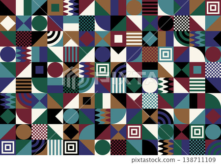 Seamless geometric pattern in Bauhaus style with colorful shapes triangles circles and lines for modern textile design. Eps 10 138711109