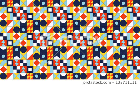 Seamless geometric pattern in Bauhaus style with bright shapes triangles and circles for modern textile design and wallpaper. Eps 10 Seamless geometric pattern in Bauhaus style with bright shapes triangles and circles for modern textile design and wallpaper. Eps 10 138711111