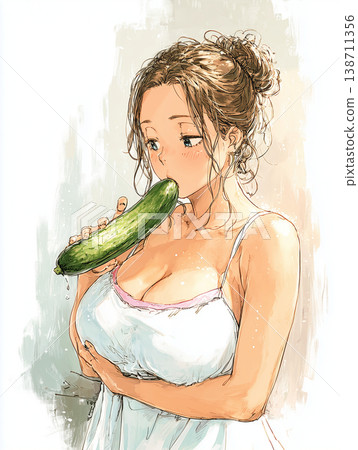 An illustration of a woman licking a thick, large cucumber. An illustration of a woman licking a thick, large cucumber. 138711356