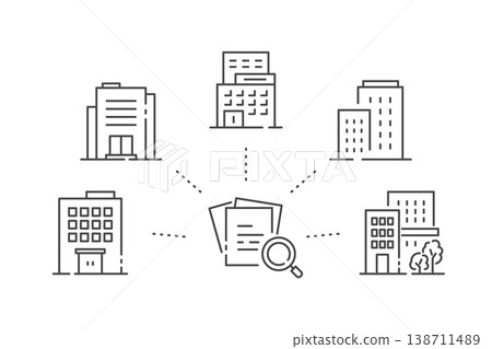 Vector illustration (line drawing, monochrome) representing a competitive analysis and comparison of multiple companies. 138711489