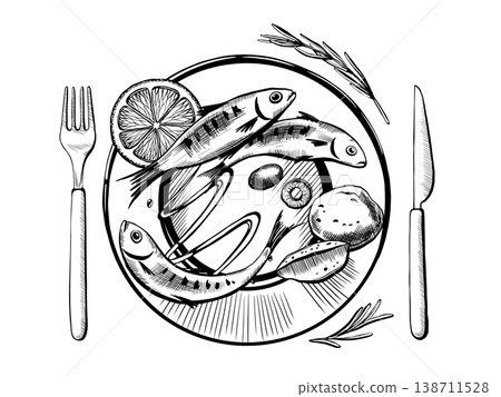 Rustic sardine dinner in minimalist vector line art. Plated seafood with potato, lemon and rosemary for farm-to-table restaurant menu, authentic cooking blog graphics and home dining lifestyle 138711528