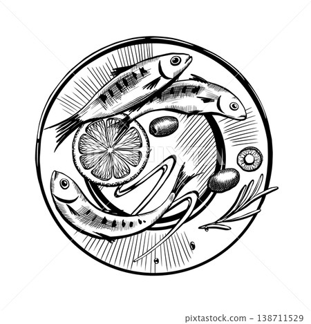 Sardine dish top view in minimalist vector line art. Plated seafood with lemon and herbs for mediterranean tourism branding, gourmet restaurant menu layout and organic fish market packaging 138711529