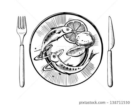 Sardine dinner plate setting in minimalist vector line art. Full meal with cutlery for luxury hospitality branding, fine dining menu design, mediterranean lifestyle and gourmet cafe graphics 138711530