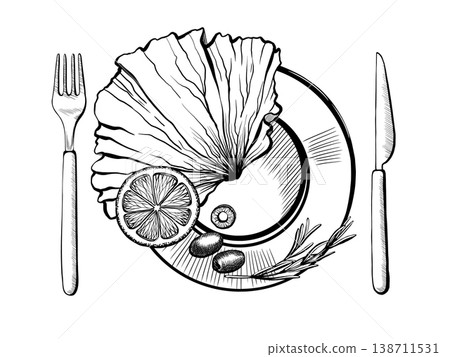 Meal setting top view in minimalist vector line art. Plate with fresh ingredients, fork and knife for meal kit delivery branding, healthy cooking recipe card, and home dining lifestyle graphics Meal setting top view in minimalist vector line art. Plate with fresh ingredients, fork and knife for meal kit delivery branding, healthy cooking recipe card, and home dining lifestyle graphics 138711531