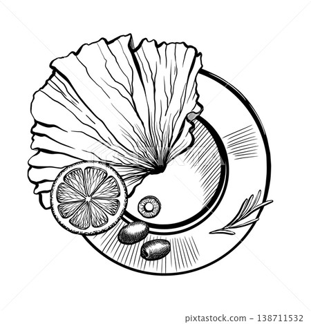 Gourmet food serving in minimalist vector line art. Top view plate with lettuce, lemon, olives and rosemary for fine dining menu design, mediterranean recipe book and organic restaurant branding Gourmet food serving in minimalist vector line art. Top view plate with lettuce, lemon, olives and rosemary for fine dining menu design, mediterranean recipe book and organic restaurant branding 138711532