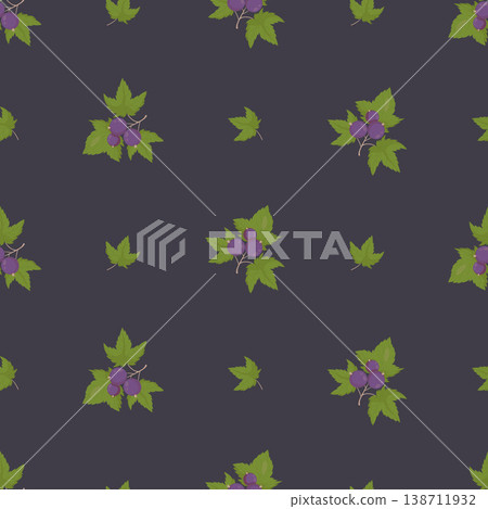 Blackcurrant Berry Seamless Pattern on Dark Graphite Background. Vector Botanical Illustration with Leaves and Branches. Square template Ornament Blackcurrant Berry Seamless Pattern on Dark Graphite Background. Vector Botanical Illustration with Leaves and Branches. Square template Ornament 138711932