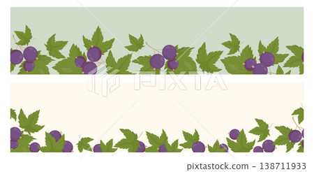 Blackcurrant Seamless Border Set. Branches Purple Berries with Leaves on Light and Green Background. Isolated Botanical Horizontal template Ornament. Vector illustration Blackcurrant Seamless Border Set. Branches Purple Berries with Leaves on Light and Green Background. Isolated Botanical Horizontal template Ornament. Vector illustration 138711933