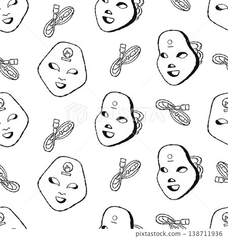 Digital Wellness. Seamless Pattern with LED Light Therapy Face Masks and USB Cables. Modern Tech and Biohacking Skincare on White Background. Vector Illustration. Outline Hand Drawn. 138711936
