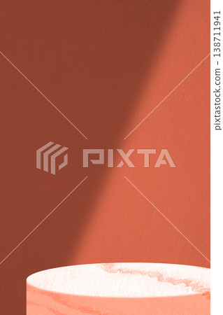 Minimalist Product Display with Light and Shadow on a Red Wall and Marble Stand Minimalist Product Display with Light and Shadow on a Red Wall and Marble Stand 138711941